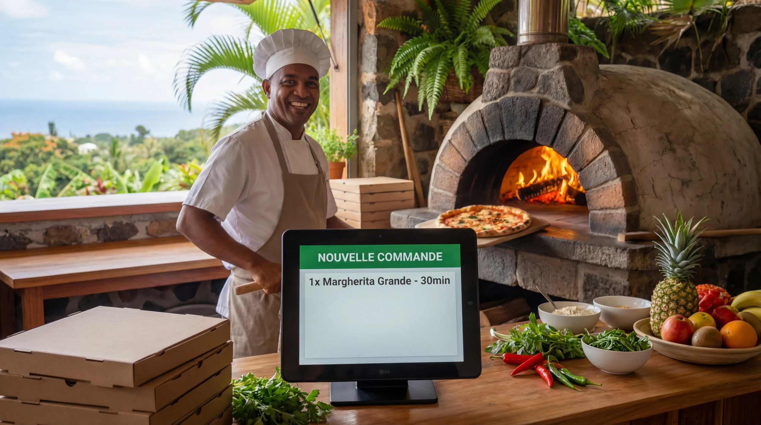 Pizzaiolo souriant avec commande automatique — Reunex La Réunion